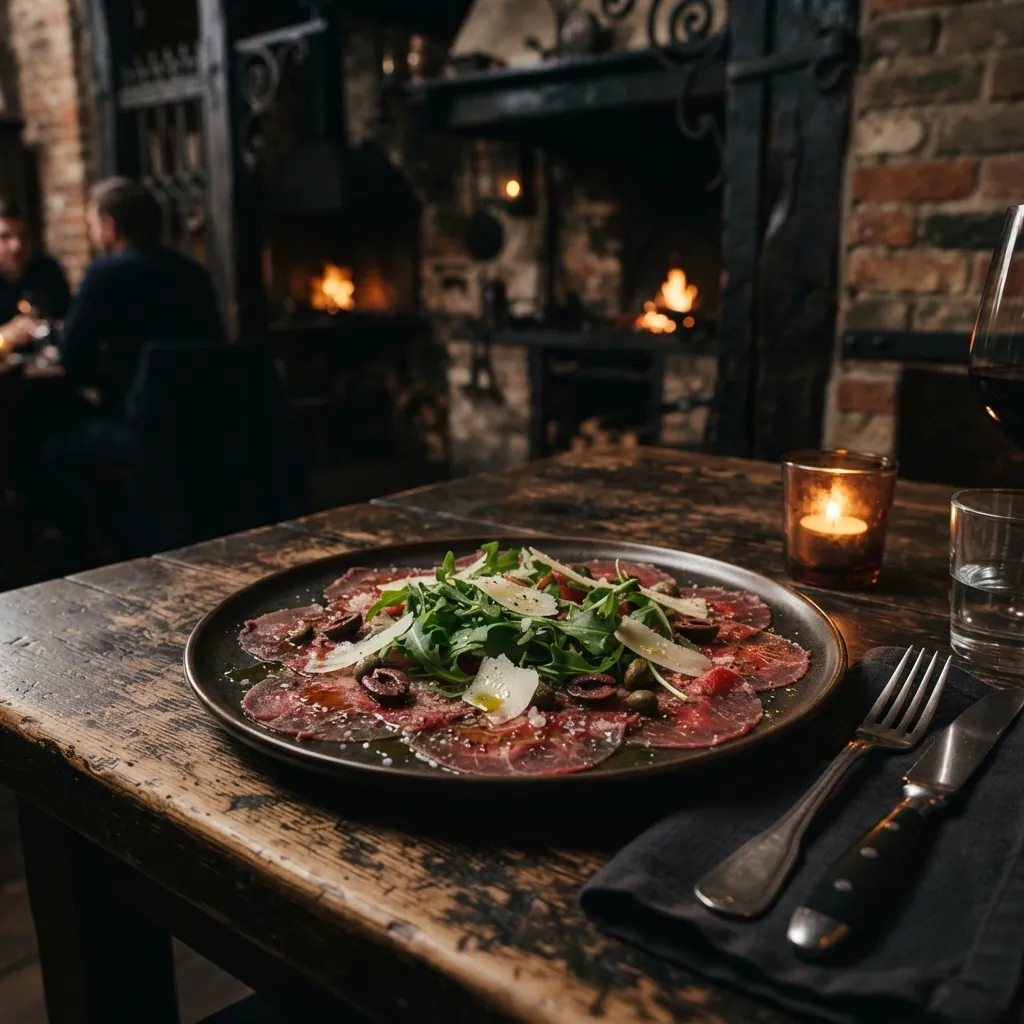 Rinder-Carpaccio mit Rucola, Parmesan und Oliven auf dunklem Teller