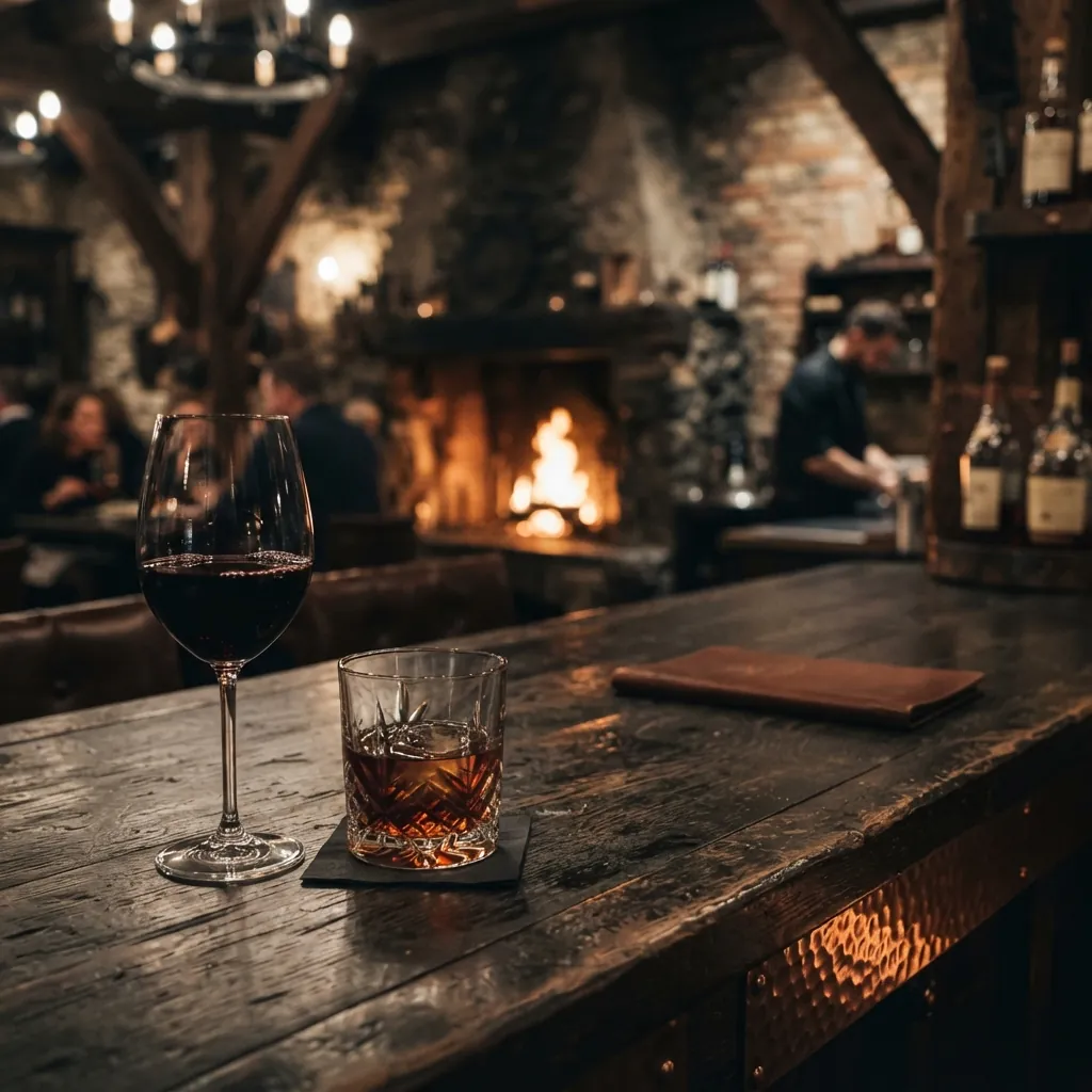 Rotweinglas und Whisky vor warmem Feuerschein an der Bar
