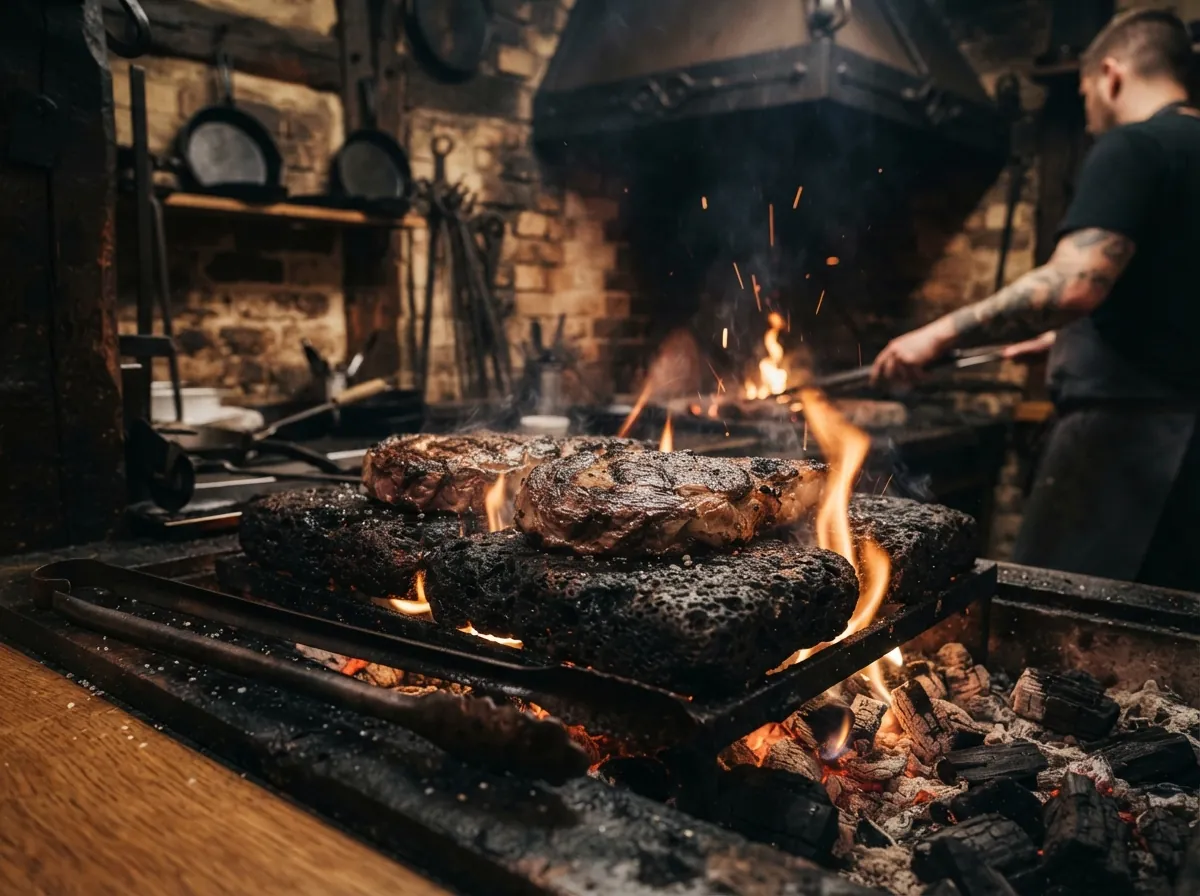 Steaks über offener Flamme auf dem Lavastein-Grill