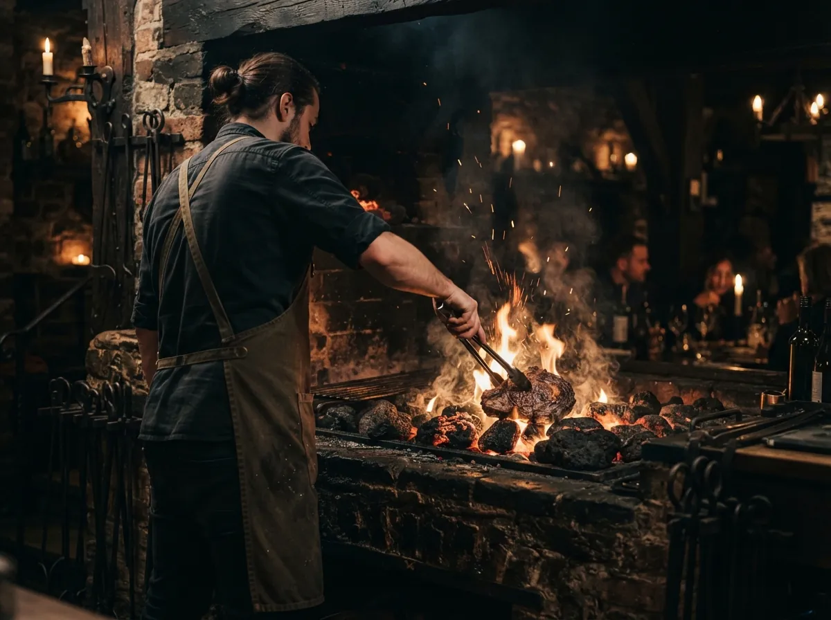 Grillmeister wendet ein Steak über offener Flamme