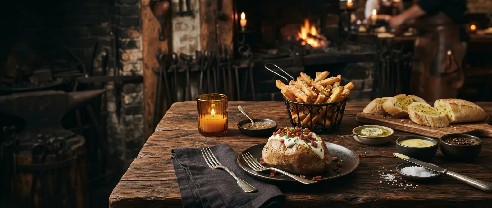 Beilagen-Auswahl: Baked Potato mit Sour Cream, Steakhaus-Pommes, Kräuterbutter und Saucen