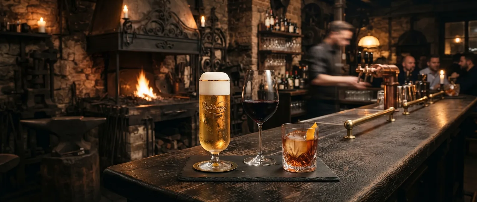 Frisch gezapftes Pils, Rotweinglas und Whisky an der Bar vor warmem Feuerschein