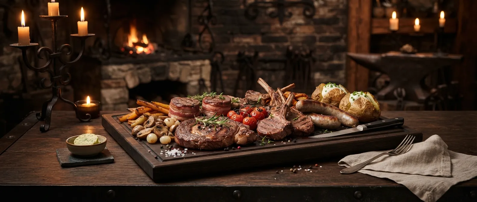 Große Grillplatte mit Steaks, Filets im Speckmantel und Baked Potatoes für zwei Personen