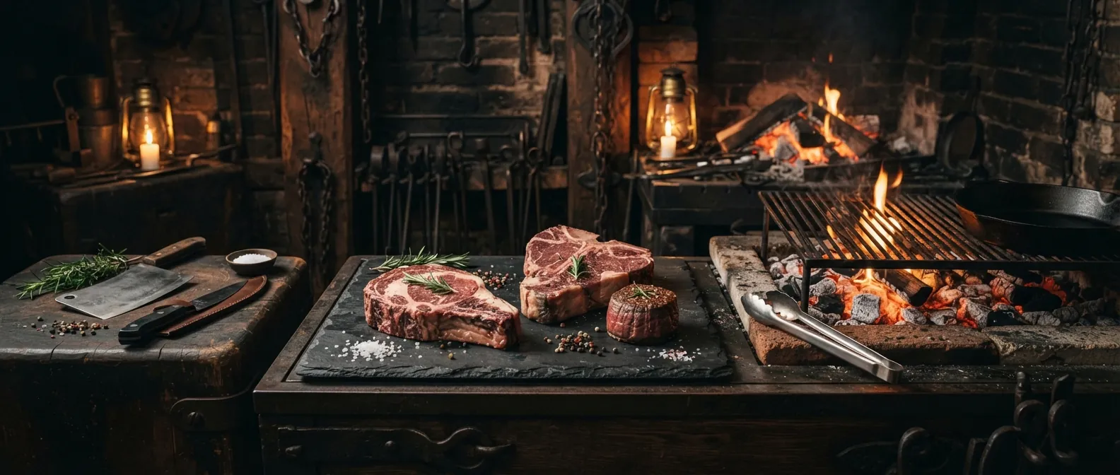 Rohe Dry-Aged-Steakzuschnitte neben glühendem Lavastein-Grill