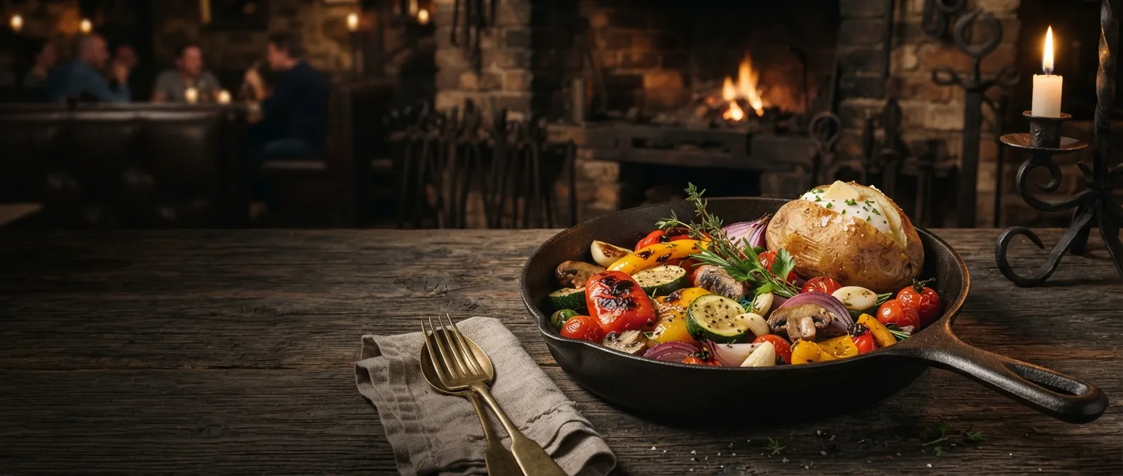 Geröstetes buntes Pfannengemüse mit Baked Potato in der Eisenpfanne