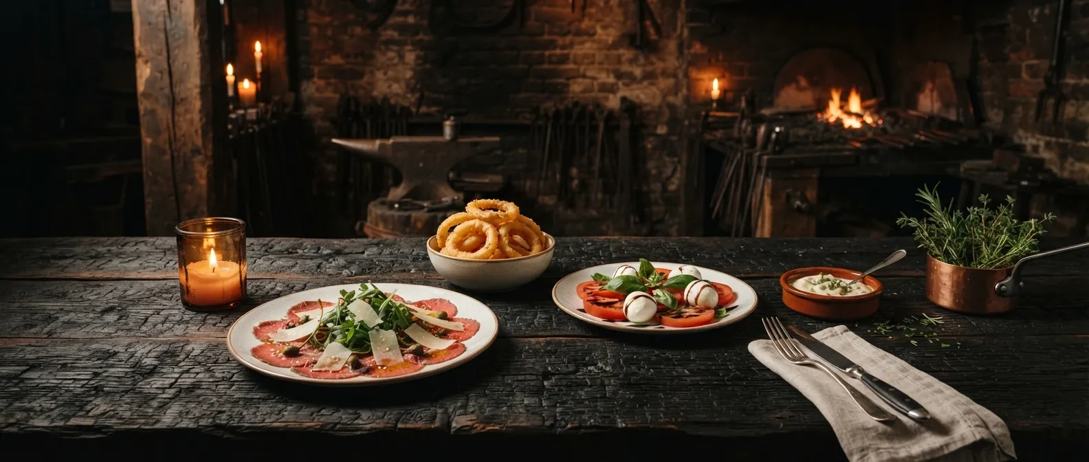 Vorspeisen-Auswahl: Carpaccio, gebackene Zwiebelringe und Tomate-Mozzarella auf dunklem Holz