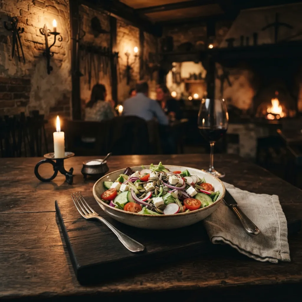 Frischer Salat mit knackigem Gemüse auf dunklem Holz