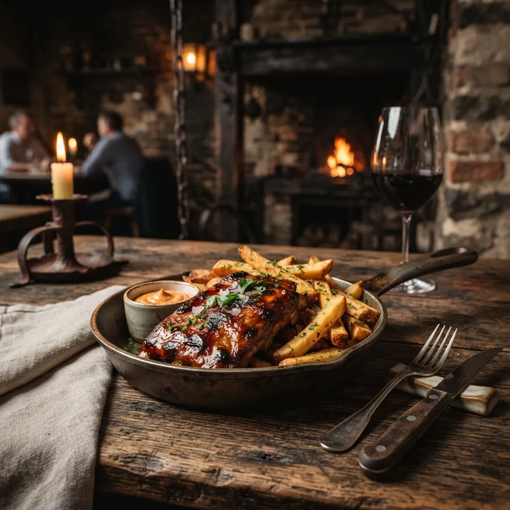 Glasierte Spareribs mit Steakhaus-Pommes in der Eisenpfanne