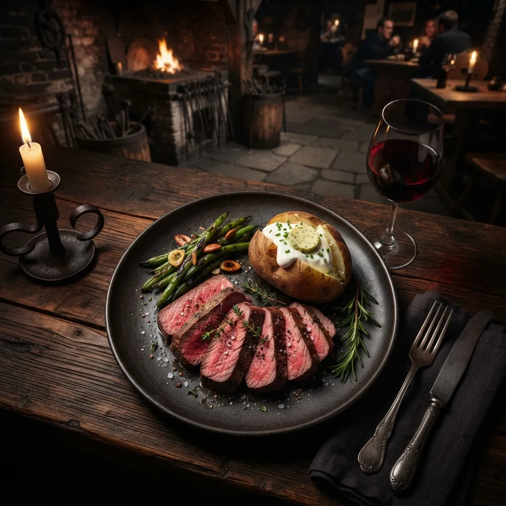 Angeschnittenes Filetsteak mit rosa Kern, Baked Potato und Kräuterbutter
